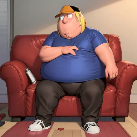 ((masterpiece, best quality)),(complex light), full body,1boy, solo, chris griffin, <lora:Chris_Griffin1-10:0.7>,fat man, blue shirt, baseball cap, black pants, sitting on couch, deep cleft chin,