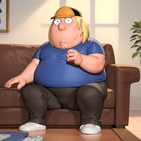 ((masterpiece, best quality)),(complex light), full body,1boy, solo, chris griffin,  <lora:Chris_Griffin1-10:0.7>,fat man, blue shirt,  baseball cap, black pants, sitting on couch,