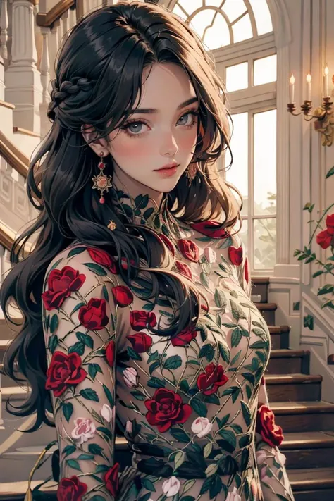 upper body, looking at viewer, 1girl, solo, ruanyi0223, dark grey hair, french braid, hair ornaments, earrings, flower, very long hair, shiny skin, beautiful face, beautiful eyes, indoors, royal palace, chandelier, red carpet, stairs, windows, <lora:0223 flower_v1:0.8>