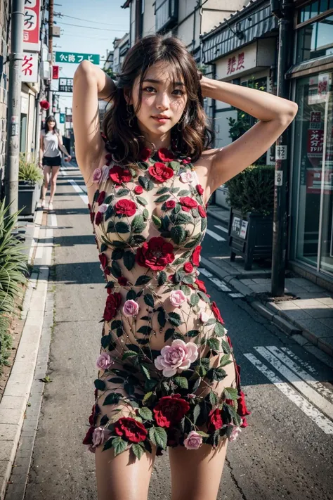 (realistic:1.3), finely detailed, quality, rembrandt lighting, (masterpiece:1.2), (photorealistic:1.2), (best quality), (detailed skin:1.3), (intricate details), dramatic, ray tracing, 1girl, japanese girl, 21 years old, detailed skin texture, (blush:0.5), (goosebumps:0.5), subsurface scattering, smiling, medium breasts, short hair curls, bangs, hair between eyes, ruanyi0223, flower, cowboy shot, arms up, hands behind head, (bright sunny day, outdoors, tokyo, alleyway, shops, sky), <lora:0223 flower_v1:0.6>