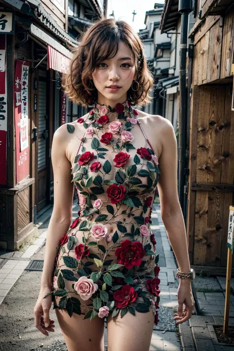 (realistic:1.3), finely detailed, quality, rembrandt lighting, (masterpiece:1.2), (photorealistic:1.2), (best quality), (detailed skin:1.3), (intricate details), dramatic, ray tracing, 1girl, japanese girl, 21 years old, detailed skin texture, (blush:0.5), (goosebumps:0.5), subsurface scattering, smiling, medium breasts, short hair curls, bangs, hair between eyes, ruanyi0223, flower, bare arms, bare shoulders, cowboy shot, (bright sunny day, outdoors, tokyo, alleyway, shops, sky), <lora:0223 flower_v1:0.6>