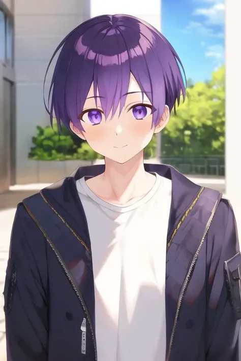 masterpiece, best quality, high quality, 1boy, solo, male focus, looking at viewer, upper body, <lora:yuuki_izumi:0.68>, yuuki_izumi, purple eyes, purple hair, , jacket