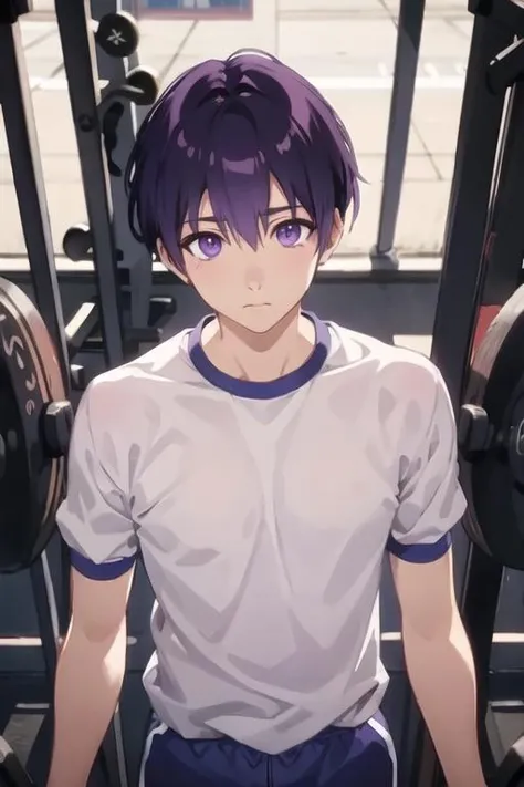 masterpiece, best quality, high quality, 1boy, solo, male focus, looking at viewer, upper body, <lora:yuuki_izumi:0.56>, yuuki_izumi, purple eyes, purple hair, realistic, gym uniform