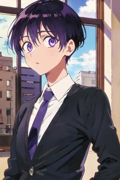 masterpiece, best quality, high quality, 1boy, solo, male focus, looking at viewer, upper body, <lora:yuuki_izumi:0.70>, yuuki_izumi, purple eyes, purple hair, , formal, necktie, dress shirt