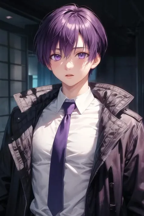 masterpiece, best quality, high quality, 1boy, solo, male focus, looking at viewer, upper body, <lora:yuuki_izumi:0.52>, yuuki_izumi, purple eyes, purple hair, realistic, jacket