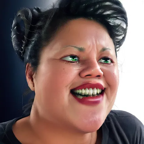 male focus, hair bun, double bun, black hair, teeth, green eyes, black shirt, lips