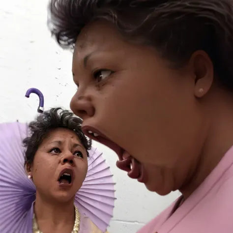 nose, open mouth, from side, pompadour, brown eyes, dark skin, jewelry, umbrella