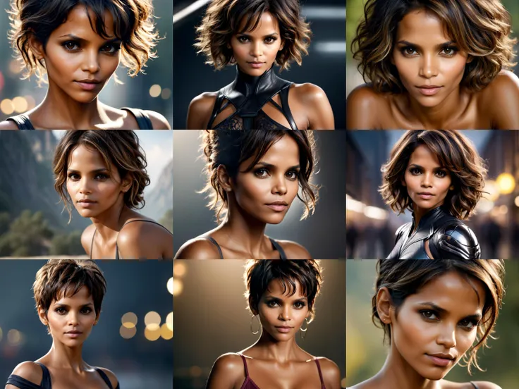 Halle Berry, (exotic, alluring, sexy), (beautiful gorgeous face, shaped face), (detailed pupils:1), (crystal clear eyes:1.2), (dark eyeshadows:2), (black eyeliners:1), (blush cheeks:0.8), (lipstick:0.8, lipgloss:0.8), (full lips:1.2), (pouty lips:1.2), (freckled skin:1), (oily tan skin:1), smirk, smile, ((masterpiece)), (high quality), (Ultra-HD), (high-resolution), (4k, 8k, 16k), (epic), (insanely detailed:1), (hyper-realistic:1), (HDR, vivid colors, colorful), (vfx, bokeh), (volumetric lighting, global illumination, ray tracing:1), absurdres, RAW, award winning photography, professional film photography, film photography:1.2, photorealistic, depth of field, shallow focus, shallow focus, (cinematic lighting:1), (cinematic film photography:1.2)