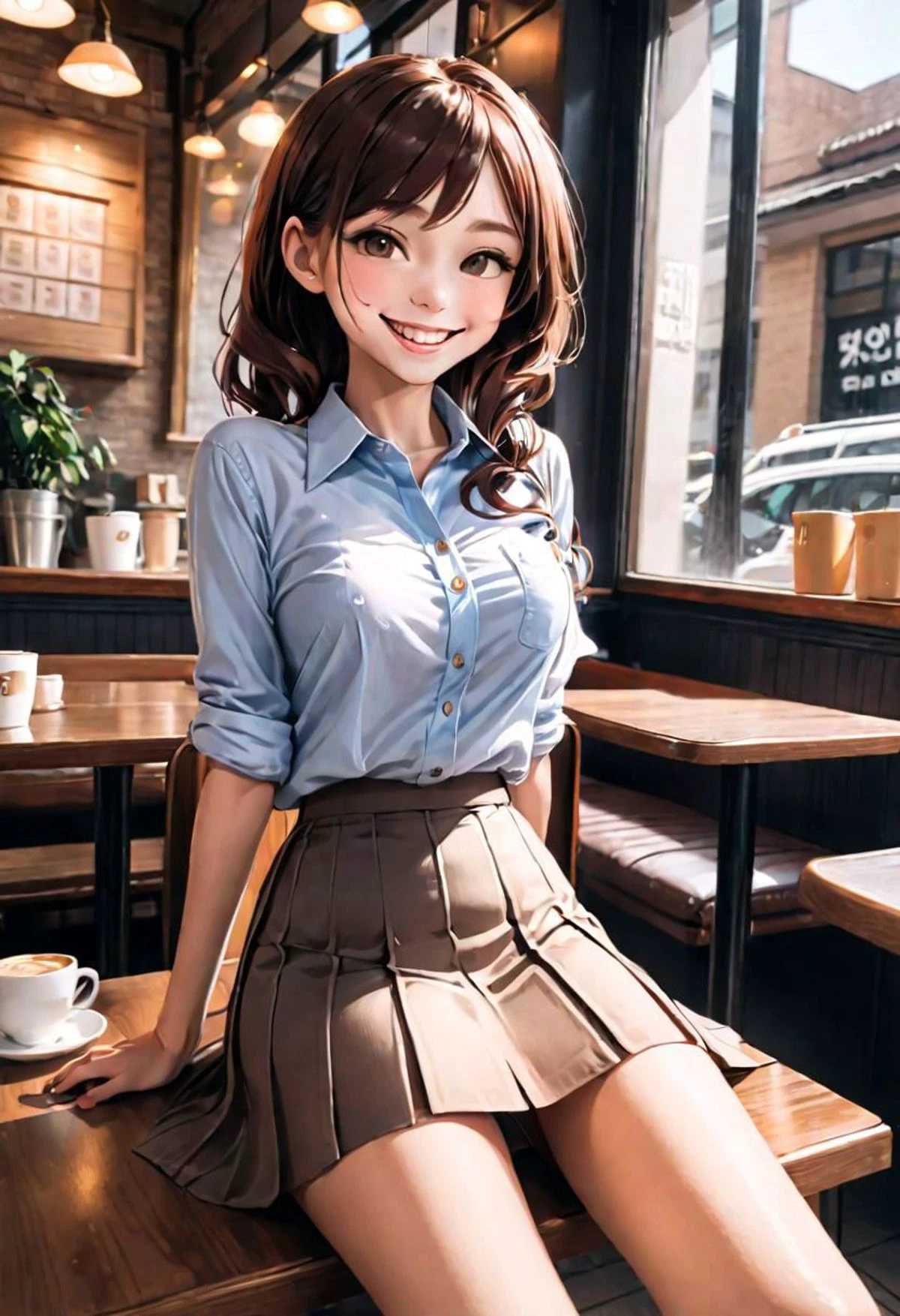 1girl, sitting in a coffee shop, big smile, coffee cup in hand, skirt, button up shirt