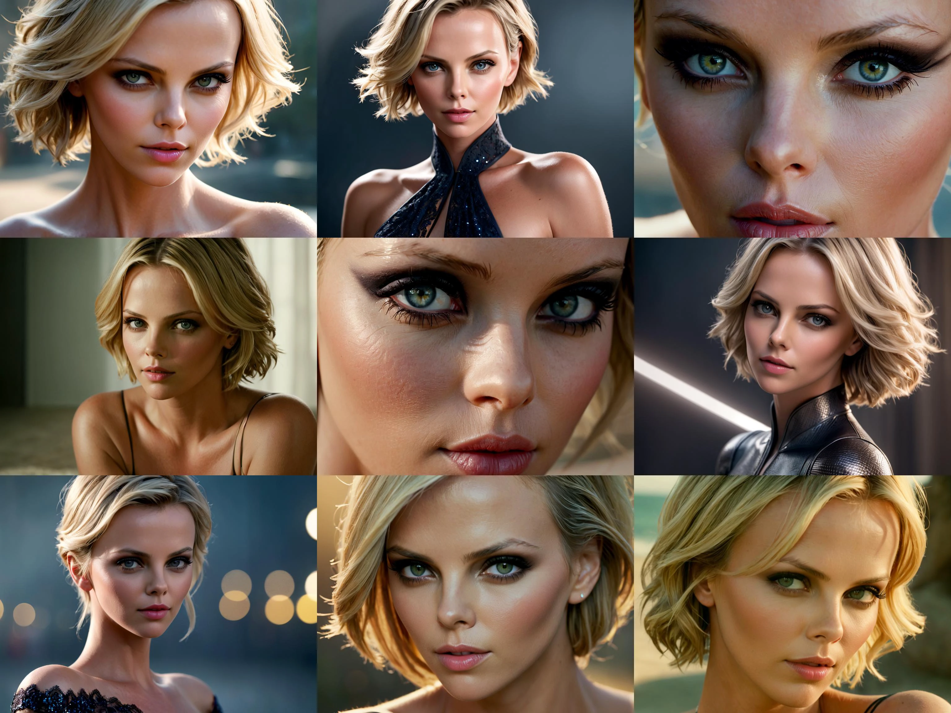 Charlize Theron, (exotic, alluring, sexy), (beautiful gorgeous face, shaped face), (detailed pupils:1), (crystal clear eyes:1.2), (dark eyeshadows:2), (black eyeliners:1), (blush cheeks:0.8), (lipstick:0.8, lipgloss:0.8), (full lips:1.2), (pouty lips:1.2), (freckled skin:1), (oily tan skin:1), smirk, smile, ((masterpiece)), (high quality), (Ultra-HD), (high-resolution), (4k, 8k, 16k), (epic), (insanely detailed:1), (hyper-realistic:1), (HDR, vivid colors, colorful), (vfx, bokeh), (volumetric lighting, global illumination, ray tracing:1), absurdres, RAW, award winning photography, professional film photography, film photography:1.2, photorealistic, depth of field, shallow focus, shallow focus, (cinematic lighting:1), (cinematic film photography:1.2)