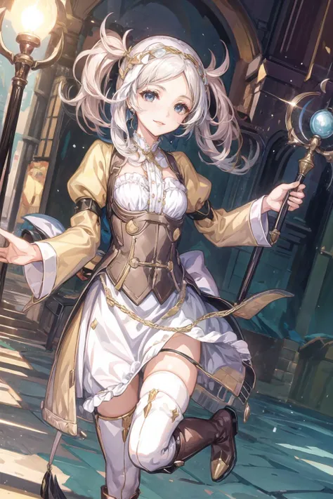 <lora:lissa-nvwls-v1:0.8>, lissa, hair ornament, bonnet, frilled dress, white thighhighs, boots,  <lora:add_detail:1>, smile,  <lora:SOVArtstyle:1>, sov, holding staff, medieval church background