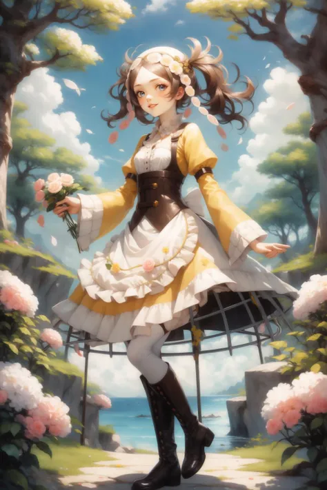 masterpiece, best quality, lissa, hair ornament, bonnet, frilled dress, white thighhighs, boots, standing, smile, white flowers, from side, hands at chest, trees, spring <lora:lissa-nvwls-v1-000010:0.9>