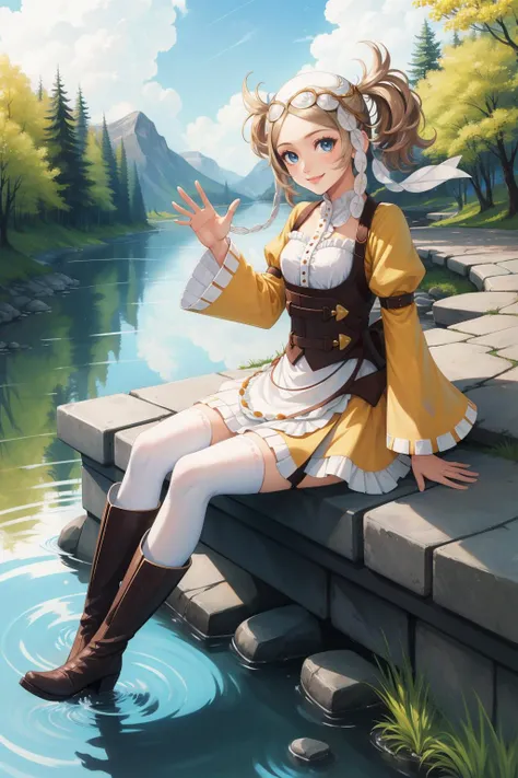 masterpiece, best quality, lissa, hair ornament, bonnet, frilled dress, white thighhighs, boots, stream, sitting, stone bridge, looking at viewer, smile, happy, waving <lora:lissa-nvwls-v1-000010:0.9>
