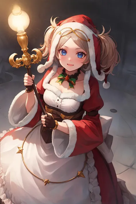 masterpiece, best quality, lissa, santa hat, santa costume, fur trim, smile, holding a bell, winter, field, alpine forest <lora:lissa-nvwls-v1-000010:0.9>
