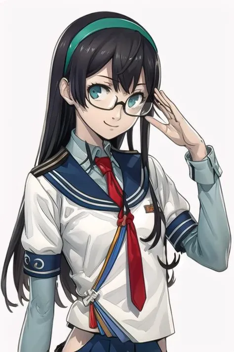 masterpiece, best quality,
1girl, solo,
(white background),
looking at viewer,
upper_body,
<lora:soejimav5-10:0.75>
<lora:ooyodo_loha_v1-000012:1>black hair, semi-rimless eyewear,
oydsrfk, blue sailor collar, green hairband, long hair, serafuku, red necktie, blue sailor collar, long sleeves, hip vent, blue skirt, pleated skirt, v-shaped eyebrows, smile,