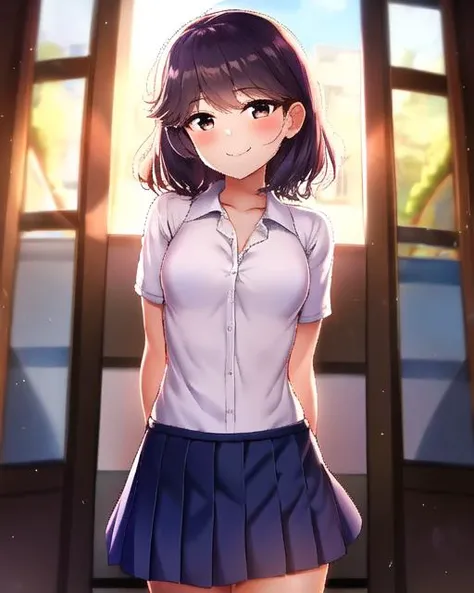 (sunhyun), (sfw), 1girl, blush, smile, cowboy shot, dynamic angle, arms behind back, small breasts, looking_at_viewer, school_uniform, shirt, skirt,  <hypernet:sunhyun-75000:1>