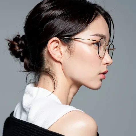 (masterpiece, best quality), sideface, looking at the side, facing down, from behind, 1 girl, medium hair, black hair, white sweater, off shoulder, glasses, <lora:sideface_v10:0.8>