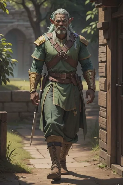 Medieval Soldier on Duty, Black Skinned Orc Man with long mustache tall, Mint green colored clothes, Golden hair, photorealistic, cinematic lighting, <lora:add_detail:0.4>