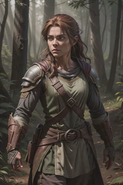 Medieval Ranger in the Woods, Gray Skinned Orc Girl muscular, Bronze colored clothes, Reddish-brown hair, photorealistic, dark lighting, <lora:add_detail:0.4>