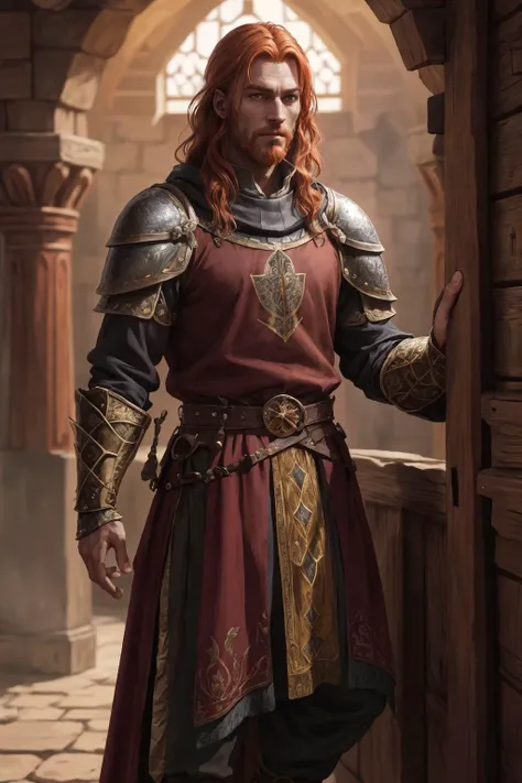 zrpgstyle, Medieval, ( Caucasian,  Knight standing outside), thin, wearing Turmeric colored clothes, Copper hair, photorealistic, soft lighting, vibrant colors:1.8, (masterpiece:1.2) (illustration:1.2) (best quality) (concept art) (character art) (detailed) (intricate) (8k) (HDR) (wallpaper) (cinematic lighting) (sharp focus)