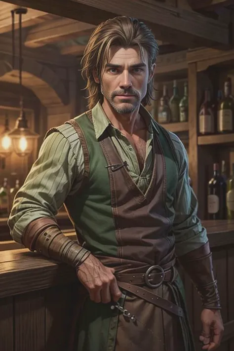 Medieval Bartender in a Bar, HalfOgre Older man with soul patch thin, Moss green colored clothes, Light brown hair, photorealistic, dark lighting, <lora:add_detail:0.4>