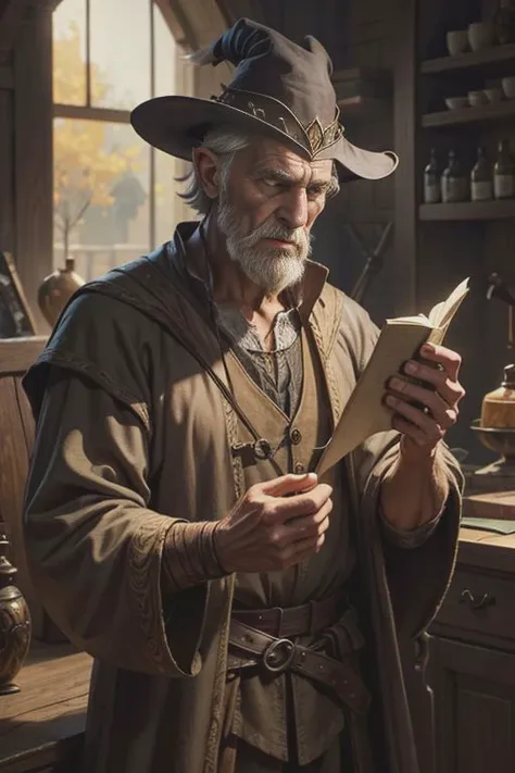 Create an old peasant holding a book in his hands