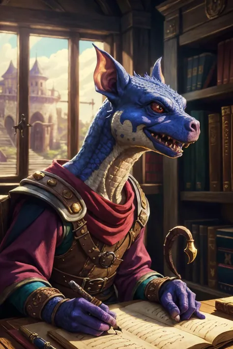 zrpgstyle, Medieval, ( Kobold, Scribe in a library), photorealistic, soft lighting, vibrant colors:1.8, (masterpiece:1.2) (illustration:1.2) (best quality) (concept art) (character art) (detailed) (intricate) (8k) (HDR) (wallpaper) (cinematic lighting) (sharp focus)