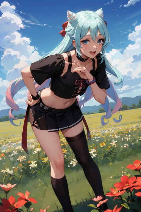 masterpiece, best quality, rosado, otoko no ko, cone hair buns, hair bow, black crop top, wristband, black skirt, single thighhigh, looking at viewer, leaning forward, smile, furrowed brow, open mouth, hands to heart, field, clouds, sky, hands on hip <lyco:rosado-nvwls-v1-000010:0.9>
