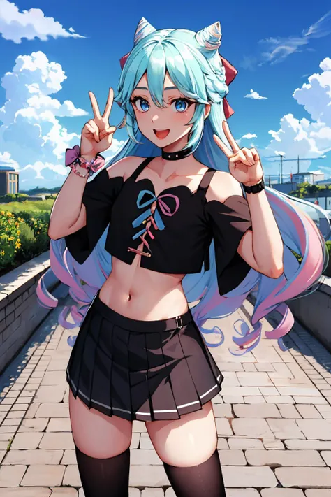 masterpiece, best quality, rosado, otoko no ko, cone hair buns, hair bow, black crop top, wristband, black skirt, single thighhigh, looking at viewer, cowboy shot, smile, open mouth, pastel colors, clouds, sky, cobblestones, peace sign, hand to hips <lyco:rosado-nvwls-v1-000010:0.9>