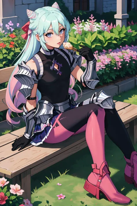 <lora:rosado-nvwls-v1-final:1> rosado, otoko no ko, armor, cone hair bun, black gloves, purple skirt, ((pink leggings)), armored boots
masterpiece, best quality, absurdres, castle grounds, garden, sitting on bench, holding ice-cream