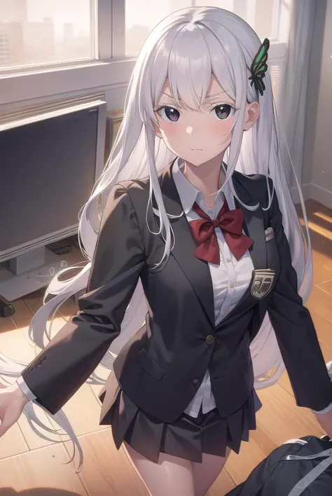 echidna, <lora:echidna-lora-nochekaiser:1>,
echidna, colored eyelashes, white hair, hair between eyes, long hair, straight hair, (black eyes:1.5),
BREAK alternate costume, black jacket, bow, bowtie, butterfly hair ornament, collared shirt, dress shirt, grey skirt, hair ornament, jacket, long sleeves, pleated skirt, red bow, red bowtie, school uniform, shirt, skirt, white shirt,
BREAK looking at viewer, full body,
BREAK indoors, classroom,
BREAK <lyco:GoodHands-beta2:1>, (masterpiece:1.2), best quality, high resolution, unity 8k wallpaper, (illustration:0.8), (beautiful detailed eyes:1.6), extremely detailed face, perfect lighting, extremely detailed CG, (perfect hands, perfect anatomy),