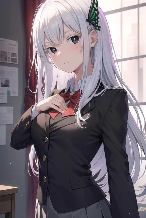 Masterpiece, high quality, 1girl, white hair, long hair, school uniform, school background, board