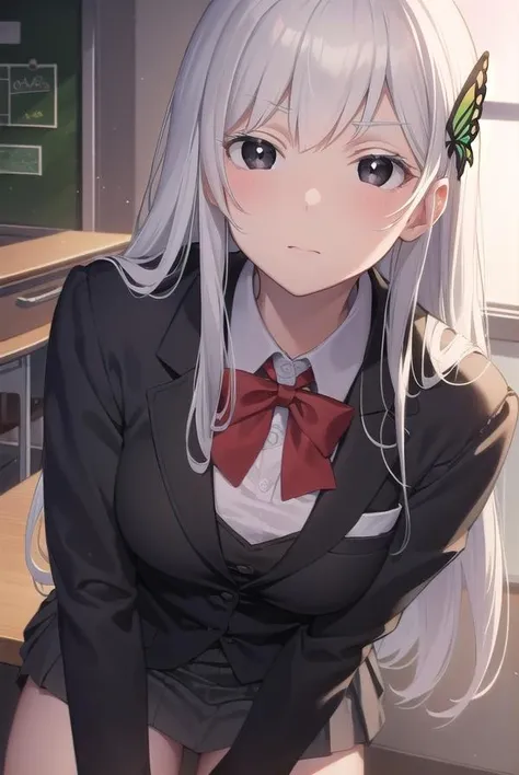 echidna, <lora:echidna-lora-nochekaiser:1>,
echidna, colored eyelashes, white hair, hair between eyes, long hair, straight hair, (black eyes:1.5),
BREAK alternate costume, black jacket, bow, bowtie, butterfly hair ornament, collared shirt, dress shirt, grey skirt, hair ornament, jacket, long sleeves, pleated skirt, red bow, red bowtie, school uniform, shirt, skirt, white shirt,
BREAK looking at viewer, full body,
BREAK indoors, classroom,
BREAK <lyco:GoodHands-beta2:1>, (masterpiece:1.2), best quality, high resolution, unity 8k wallpaper, (illustration:0.8), (beautiful detailed eyes:1.6), extremely detailed face, perfect lighting, extremely detailed CG, (perfect hands, perfect anatomy),