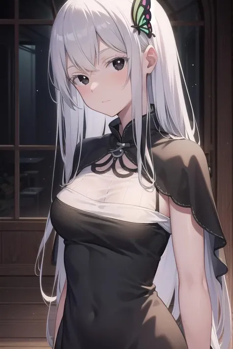 echidna, <lora:echidna-lora-nochekaiser:1>,
echidna, colored eyelashes, white hair, hair between eyes, long hair, straight hair, (black eyes:1.5),
BREAK black capelet, black dress, butterfly hair ornament, capelet, dress, hair ornament,
BREAK looking at viewer, full body,
BREAK indoors, classroom,
BREAK <lyco:GoodHands-beta2:1>, (masterpiece:1.2), best quality, high resolution, unity 8k wallpaper, (illustration:0.8), (beautiful detailed eyes:1.6), extremely detailed face, perfect lighting, extremely detailed CG, (perfect hands, perfect anatomy),