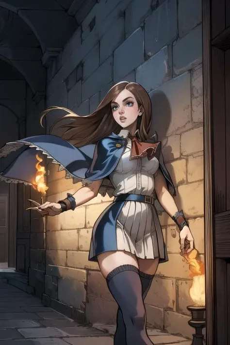 masterpiece, best quality,((anime)) ,1 girl, solo,scared , dynamic pose, running , flee, dungeon, rain, storm, beatrix,eyepatch, white sleeveless coat, cleavage, gauntlets, belt, fingerless gloves, brown pantyhose, boots <lora:beatrix-nvwls-v1-final:0.8>
