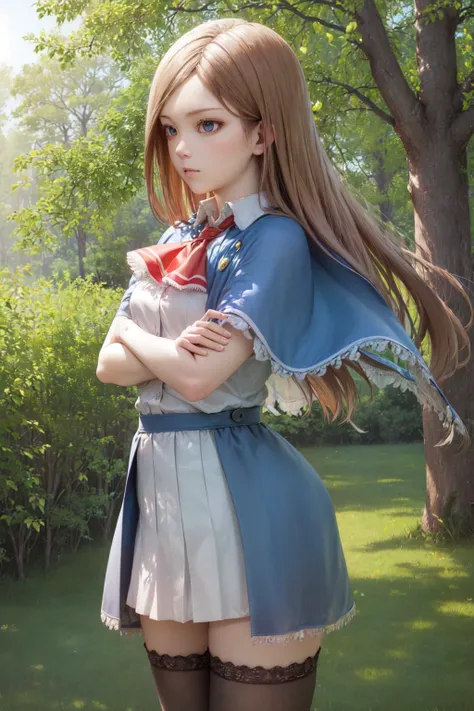 (masterpiece, best quality:1.2), <lyco:castlevania_aulin-11:1.0>, cowboy shot, solo, 1girl, charlotte aulin, expressionless, closed mouth, crossed arms, ascot, capelet, skirt, blue thighhighs, outdoors