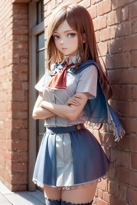 (masterpiece, best quality:1.2), <lyco:castlevania_aulin-11:1.0>, cowboy shot, solo, 1girl, charlotte aulin, expressionless, closed mouth, crossed arms, ascot, capelet, skirt, blue thighhighs, outdoors