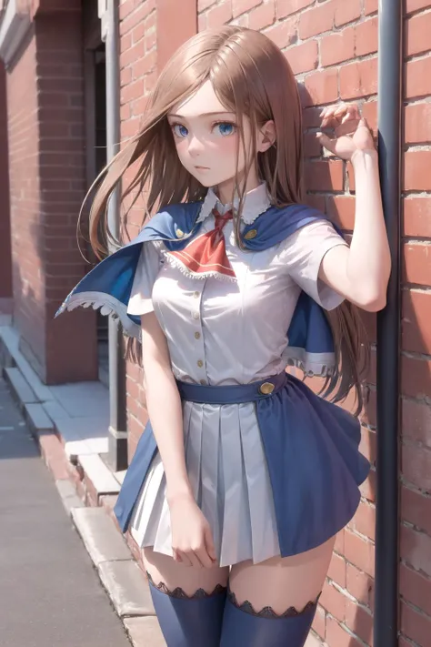 (masterpiece, best quality:1.2), <lyco:castlevania_aulin-11:1.0>, cowboy shot, solo, 1girl, charlotte aulin, expressionless, closed mouth, looking at vewer, ascot, capelet, skirt, blue thighhighs