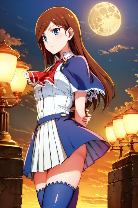 (masterpiece, best quality:1.2), <lyco:castlevania_aulin-11:1.0>, cowboy shot, solo, 1girl, charlotte aulin, expressionless, closed mouth, looking afar, arms behind back, ascot, capelet, skirt, blue thighhighs, night, moon, outdoors
