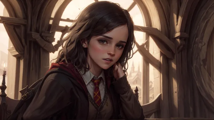 masterpiece, best quality, 8k, perfect lighting, cinematic lighting, adult, mature, female, 1girl, solo, solo, looking at viewer, (RSEEmma:0.9), <lora:MISC-GlossyFace:0.3>, <lora:CHAR-EmmaWatson:0.4>, (emma watson:1.1), portrait, upper body, blush, <lora:CLOTHES-HogwartsUniform:0.5>, (hogsks:1.1), gryffindor, black robe, tie, hogwarts, (PLACE-Hogwarts:0.9), cliff, <lora:POSE-BreastFocus:0.9>, castle tower,