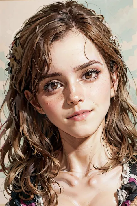 (masterpiece:1.1),(highest quality:1.1),(HDR:1), ambient light,ultra-high quality,( ultra detailed original illustration), Illustrate Emma Watson in a vibrant pop art style, with bold colors, dynamic patterns, and a playful composition that reflects the energy of the pop art movement, <lora:Emma Watson:1>