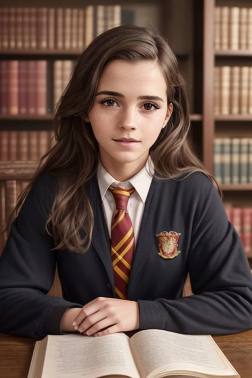 masterpiece, RAW, analog, Nikon Z 85mm, award winning glamour photograph, highres, photorealistic, real, extremely high quality RAW photograph, detailed background, intricate, (perfect lighting:1.1), cinematic lighting, emma watson, (CHAR-EmmaWatson:0.7), 1girl, solo, portrait, looking at viewer, smile, upper body, focus on face, brown eyes, smile, facing viewer, <lora:CLOTHES-HogwartsUniform:0.3>, hogsks, gryffindor, black robe, medieval, gothic architecture, dof, necktie, library,