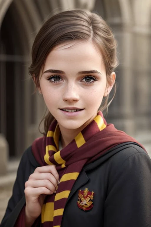 masterpiece, RAW, analog, Nikon Z 85mm, award winning glamour photograph, highres, photorealistic, real, extremely high quality RAW photograph, detailed background, intricate, (perfect lighting:1.2), cinematic lighting, emma watson, (CHAR-EmmaWatson:0.2) , hermione, 1girl, solo, portrait, looking at viewer, smile, upper body, focus on face, brown eyes, smile, facing viewer, <lora:CLOTHES-HogwartsUniform:0.4>, hogsks, striped scarf, gryffindor, black robe, medieval, gothic architecture, mist, dof,