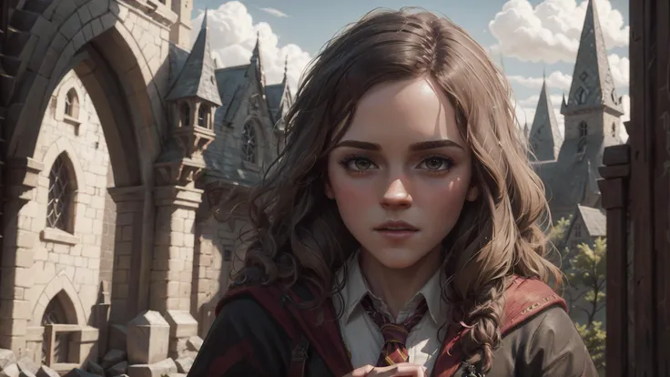 masterpiece, best quality, 8k, perfect lighting, cinematic lighting, adult, mature, female, 1girl, solo, solo, looking at viewer, (RSEEmma:0.9), <lora:MISC-GlossyFace:0.3>, <lora:CHAR-EmmaWatson:0.4>, (emma watson:1.1), portrait, upper body, blush, <lora:CLOTHES-HogwartsUniform:0.5>, (hogsks:1.1), gryffindor, black robe, tie, hogwarts, (PLACE-Hogwarts:0.9), cliff, <lora:POSE-BreastFocus:0.9>, castle tower,