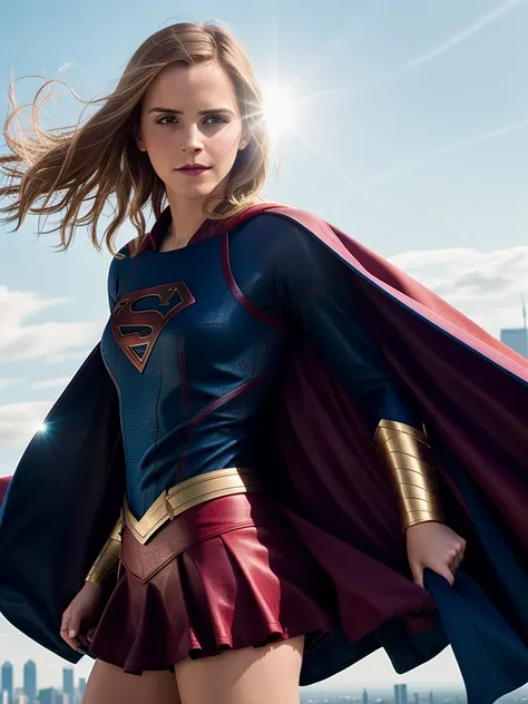 long range photo of Emma Watson as Supergirl, (Flying), film still, skin tight outfit, mini skirt, floor length cape blowing in the wind, (flying high above Matropolis), extremely high quality RAW photograph, detailed background, intricate, Exquisite details and textures, highly detailed, ultra detailed photograph, warm lighting, artstation, 4k, sharp focus, high resolution, detailed skin, detailed eyes, 8k uhd, dslr, high quality, film grain, Fujifilm XT3,