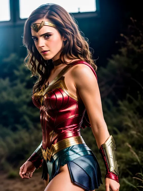 long range photo of Emma Watson as Wonder Woman, film still, skin tight outfit, Fighting goons, extremely high quality RAW photograph, detailed background, intricate, Exquisite details and textures, highly detailed, ultra detailed photograph, warm lighting, artstation, 4k, sharp focus, high resolution, detailed skin, detailed eyes, 8k uhd, dslr, high quality, film grain, Fujifilm XT3,