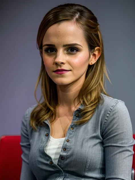 photo of Emma Watson sitting at a panel at comic-con, (wearing jeans and a tight grey shirt),(cleavage), extremely high quality RAW photograph, detailed background, intricate, Exquisite details and textures, highly detailed, ultra detailed photograph, warm lighting, artstation, 4k, sharp focus, high resolution, detailed skin, detailed eyes, 8k uhd, dslr, high quality, film grain, Fujifilm XT3,