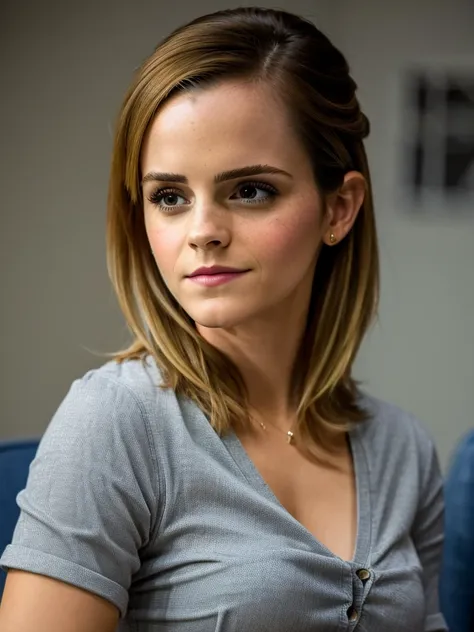 photo of Emma Watson sitting at a panel at comic-con, (wearing jeans and a tight grey shirt),(cleavage), extremely high quality RAW photograph, detailed background, intricate, Exquisite details and textures, highly detailed, ultra detailed photograph, warm lighting, artstation, 4k, sharp focus, high resolution, detailed skin, detailed eyes, 8k uhd, dslr, high quality, film grain, Fujifilm XT3,