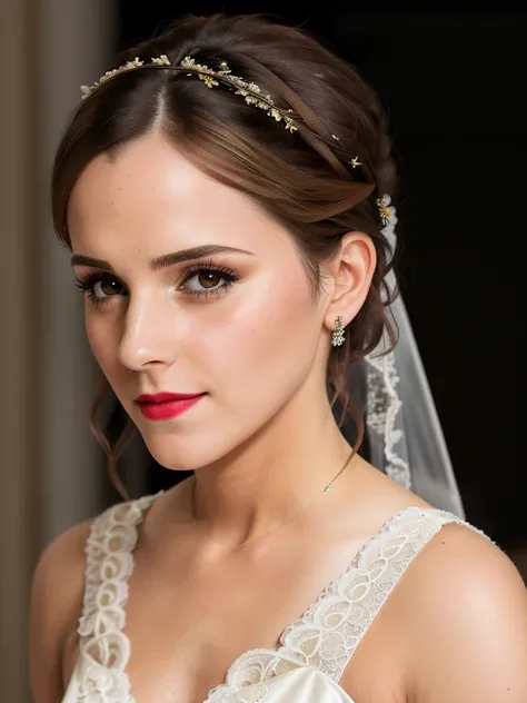 (((photo from side looking over shoulder to camera:1.3))), ((veil)), (((full body photo:1.3))) of Emma Watson wearing a beautiful form fitting white wedding dress, long train, ((cleavage)), (((standing alone at the altar of a dark ancient church:1.3))), (((holding a bouquet:1.2))), ((perfect hands)), (makeup and red lipstick:1), extremely high quality RAW photograph, detailed background, intricate, Exquisite details and textures, highly detailed, ultra detailed photograph, warm lighting, artstation, 4k, sharp focus, high resolution, detailed skin, detailed eyes, 8k uhd, dslr, high quality, film grain, Fujifilm XT3,