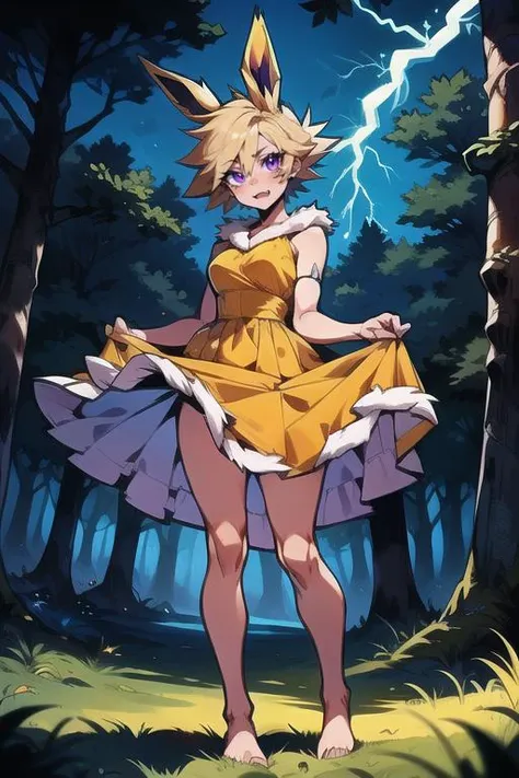 (masterpiece:1.2), best quality, (blonde hair, animal ears, spiked hair, flipped hair, fur trim, purple eyes, fang), night, forest background, standing, (dress lift:1.2), barefoot, yellow dress, electric magic, glowing, (lightning:1.2), detailed background, detailed face, detailed eyes, <lora:gijinka_jolteon:0.7>